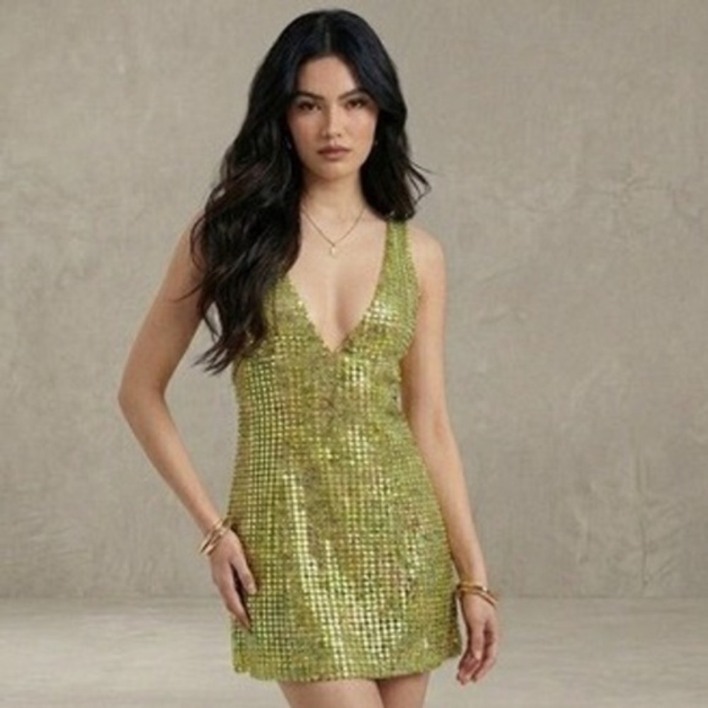 Princess Pollt Porscha Lime Green  Sequin Mini Dress Plunge V-Neck Sleeve US 8